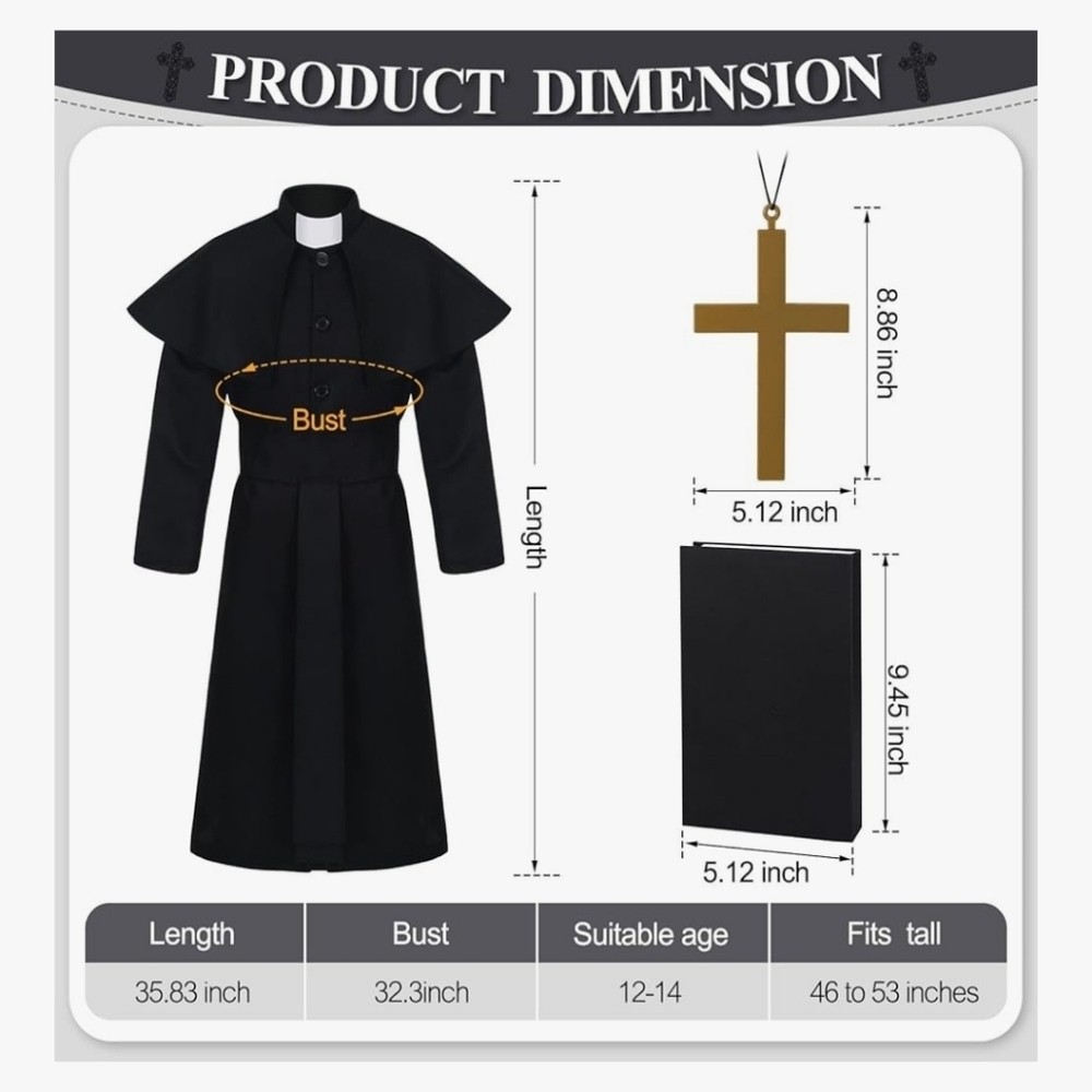 Children's Black Priest Costume with Gold Cross - Picture 2 of 16